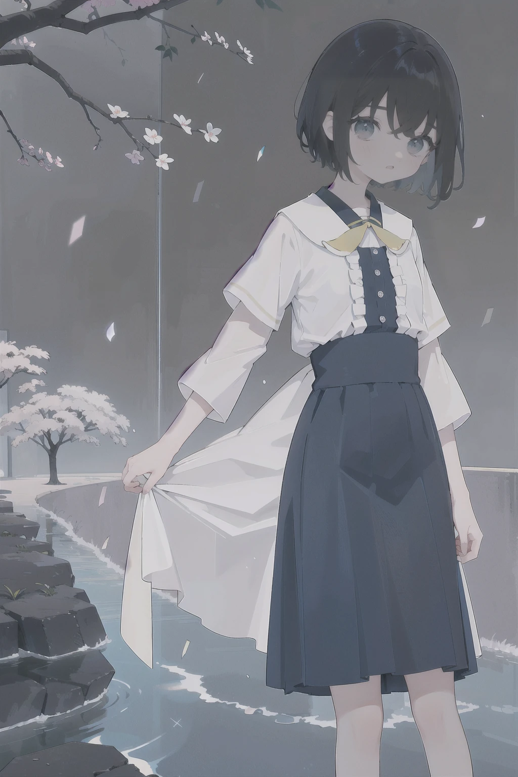 Nakahara_Misaki, 1 garota, Vestido preto, vestido de gola, tiro de vaqueiro, dia, segurando guarda-chuva, guarda-chuva branco, inclinando-se para frente, vestido longo, mangas compridas, olhando para o espectador, ao ar livre, tree,