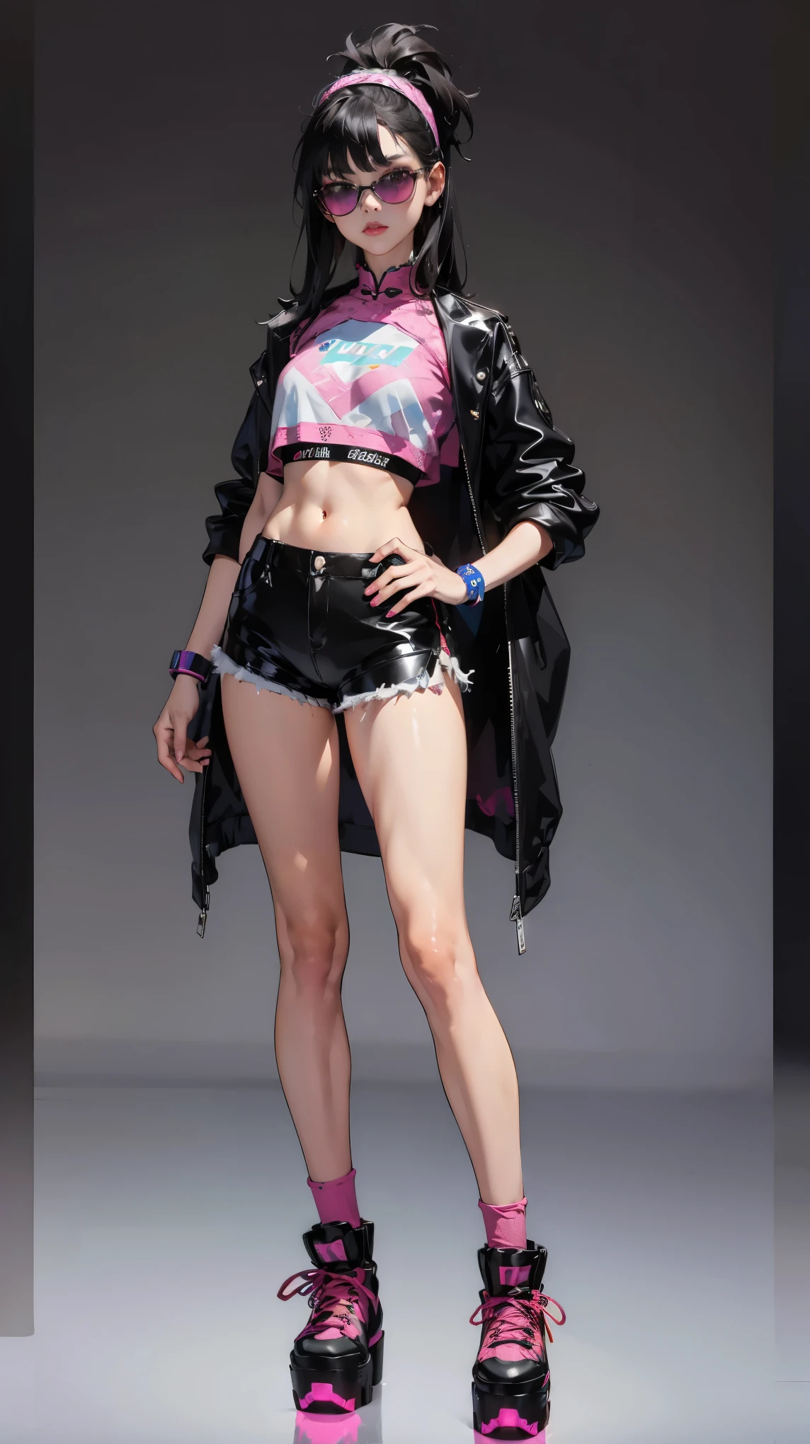 ((best quality,4k,highres,masterpiece:1.2)),((character concept art)), 1 female, 18-year-old Chinese girl, , ((black hair)), big fake , small slim body, perfect shape, D cup , heavy makeup, party-lover, luxury goods enthusiast, ((intricate detail)), super finely detailed hands, ultra finely detailed fingers(((ten fingers))), wearing EDM rave costume - neon crop top, high-waist shorts, fishnet tights, platform sneakers, LED gloves, candy bracelets, fuzzy leg warmers, light-up headband, reflective sunglasses, body glitter, (standing casually), (full body showcase), (show full body), (no logos on background), (no logo), ((plain background)), ((plain background)), (((empty background)))