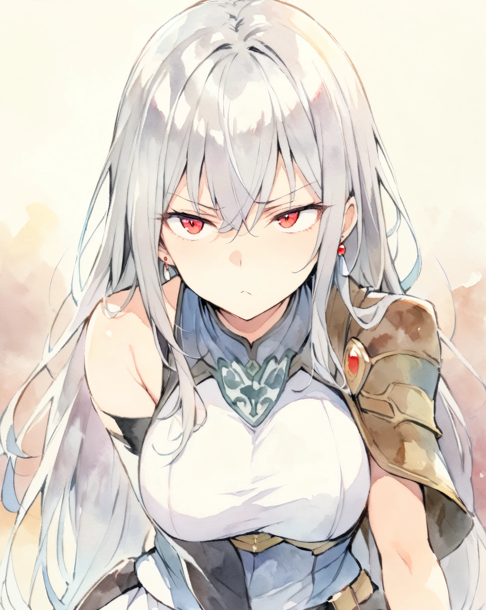 masterpiece, best quality, watercolor (medium), 1 girl, breast, alone, long hair, split, gray hair, red eyes, Shut up, earrings, Bangs, jewelry, skirt, bare shoulders, sleeveless, hair between eyes, 单pauldron, looking at the audience, large breast, armor, shoulder armor, sleeveless skirt, Upper body, single sleeve, white skirt, pauldron, Poker face