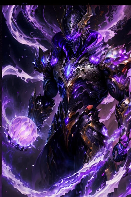 a picture of a man with a purple robe and a purple ball, purple glowing core in armor, league of legends character, nocturne from league of legends, trending on artstation.', league of legends arcane, splash art, aurelion sol, djinn man male demon, style of league of legends, inspired by Huang Shen, Extremely detailed artgerm, colors soy purple red black blue