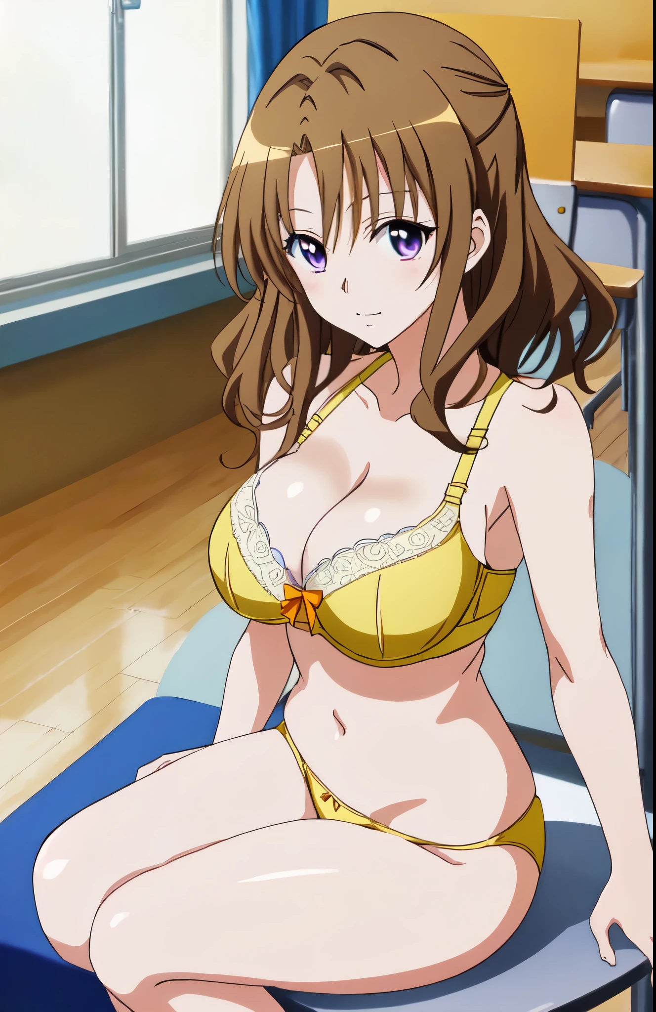 anime girl in a yellow bra with a yellow bow and yellow panty、Woman with short brown hair、purple eyed woman、wavy hair、seductive anime woman、clothing:yellow bra、yellow panties、tall woman、sexy atmosphere、anime moe art style、big breasts、woman with very large breasts、(anime girl)、attractive anime girl、naughty anime style、Beautiful charming anime 、Smooth anime CG art、school classroom、indoor、cleavage、bra with an yellow、panty with an yellow、whole body、a girl is standing、digital anime art!!、female focus、perfect body、pretty anime girl、full body、anime best girl、solo、underwear only、Bra and panties only、8k!!、High resolution!!、