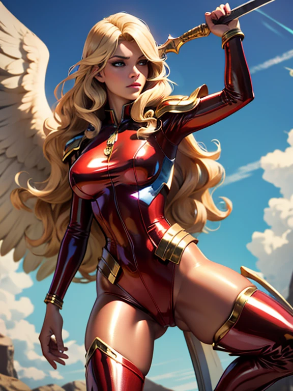 Best quality, 8K, action pose,woman vintage super hero, beautiful and detailed face, blonde curly long hair,big eyelashes,holding a gold sword,big angel wings,LOOKING TO observer,red and blue metalic armour over bodystocking, SHINY GLOSSY PANTYHOSE,black belt,over the knee boots,white neutral scenario