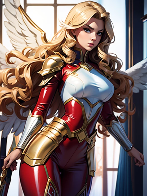 Best quality, 8K, action pose,woman vintage super hero, beautiful and detailed face, blonde curly long hair,big eyelashes,holding a gold sword,big angel wings,LOOKING TO observer,red and blue metalic armour over bodystocking, SHINY GLOSSY PANTYHOSE,black belt,over the knee boots,white neutral scenario