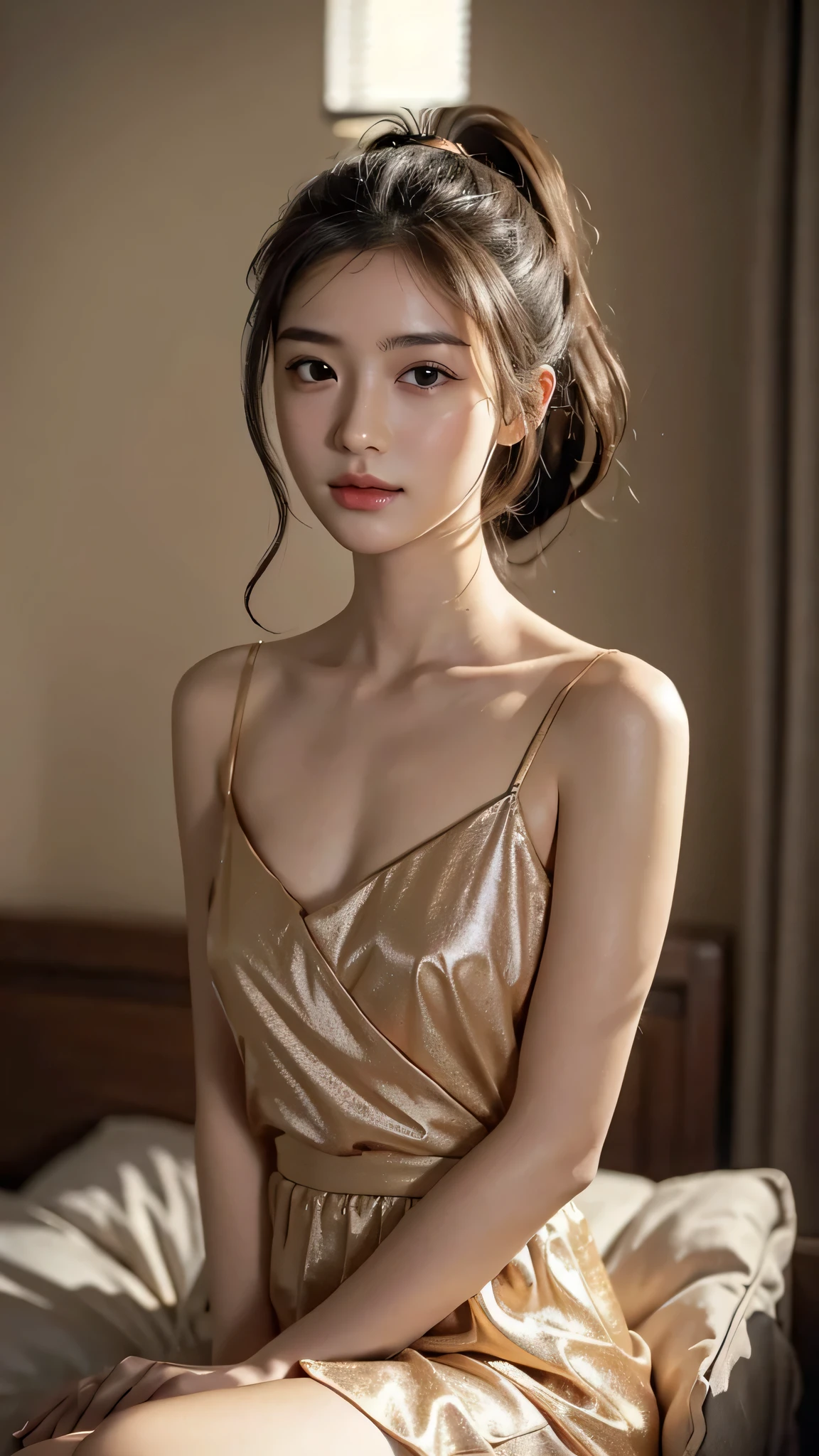 Japan Female, 70yo、Wrinkled face、Skin shiny with sweat、The face is high definition、Thin eyebrows、big drooping eyes、Thick lip、Has nasolabial folds、Sauce milk、Ribs are visible、Thin leg、Small udder、Smiled face、A MILF、enticing、a bar counter、being thin、Golden Tight Mini Dress、poneyTail、high-heels