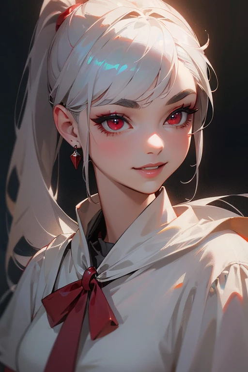 (highest quality, masterpiece:1.2), High resolution, Super detailed, realistic:1.37, fantasy, An illustration,gray hair、 red eyes, Queen, white dress.platinum decoration、beautifully、Eyeshadow Red、dark eyebrows、long eyelashes、pupils are black、shiny on the lips、upper site、Queen、Princess、ponytail、gentle smile、Show your teeth a little and smile、soft expression、