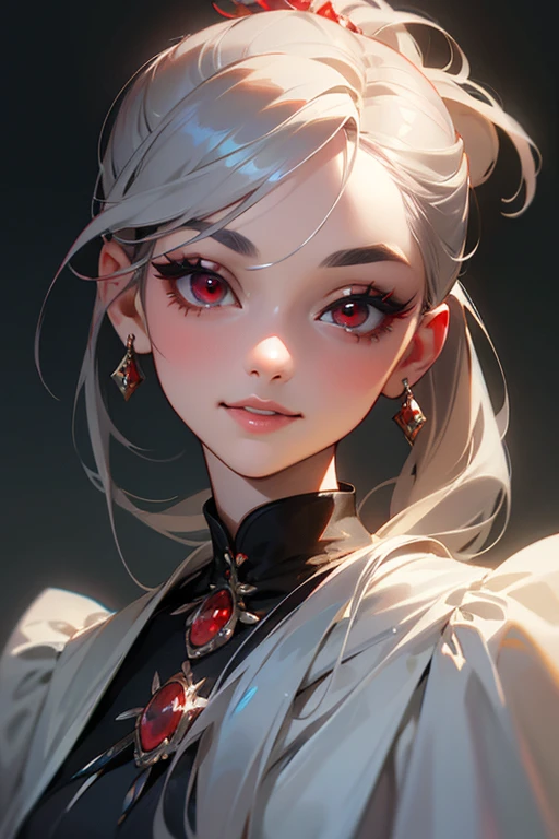 (highest quality, masterpiece:1.2), High resolution, Super detailed, realistic:1.37, fantasy, An illustration,gray hair、 red eyes, Queen, white dress.platinum decoration、beautifully、Eyeshadow Red、dark eyebrows、long eyelashes、pupils are black、shiny on the lips、upper site、Queen、Princess、ponytail、gentle smile、Show your teeth a little and smile、soft expression、