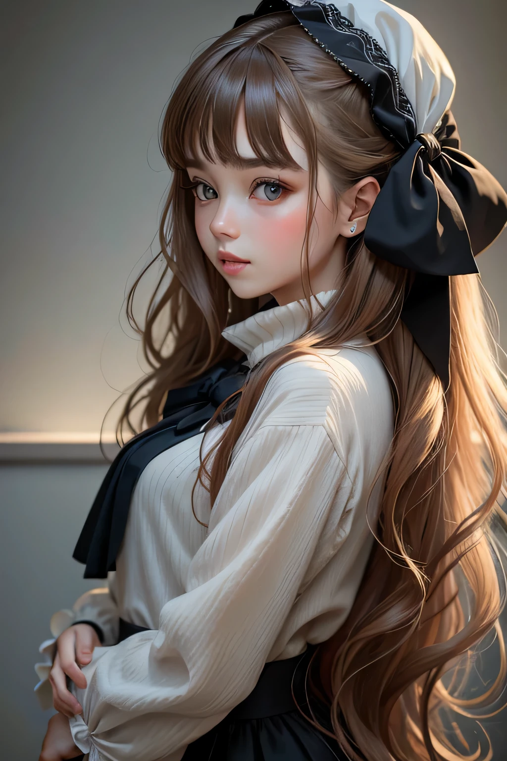 (masterpiece, best quality:1.2),a beautiful girl，Skin detail processing，The eyes are finely described，Delicate hair，wavy long hair，Long light hair，Wear a large bow on your head，Black Sweater，white dots，skirt，Retro contrasting colors，clean background