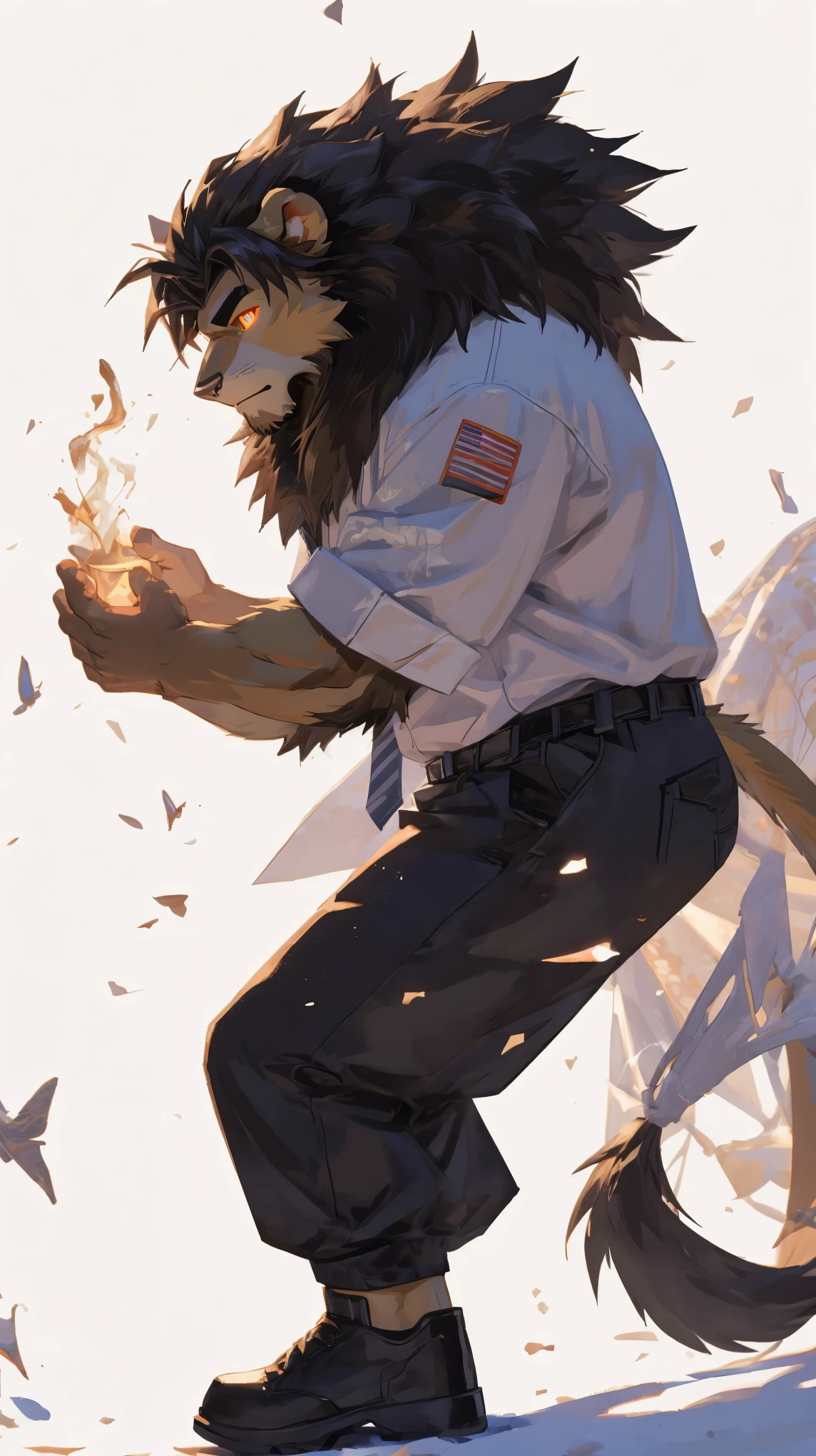 (masterpiece:1.2), best quality,pixiv,official art,perfect anatomy, (Ray tracing, light),solo, (1_male:1.3) , (muscle), (dynamic poses:1.3), (ultra deTailed), sharp focus, Negi, eyes, (glowing golden eyes), short hair, short fur, (brown fur:1.4),(muscle lion), (beard:1.2),lion Tail, Thick eyebrows,white shirt, loose tie, cargo pants, boots, ultra deTailed face, high deTails, high quality, (best quality,4K,8K,high resolution,masterpiece:1.2),bright colors, jumping, reach hand, (white background:1.3), (light flow:1.3)
