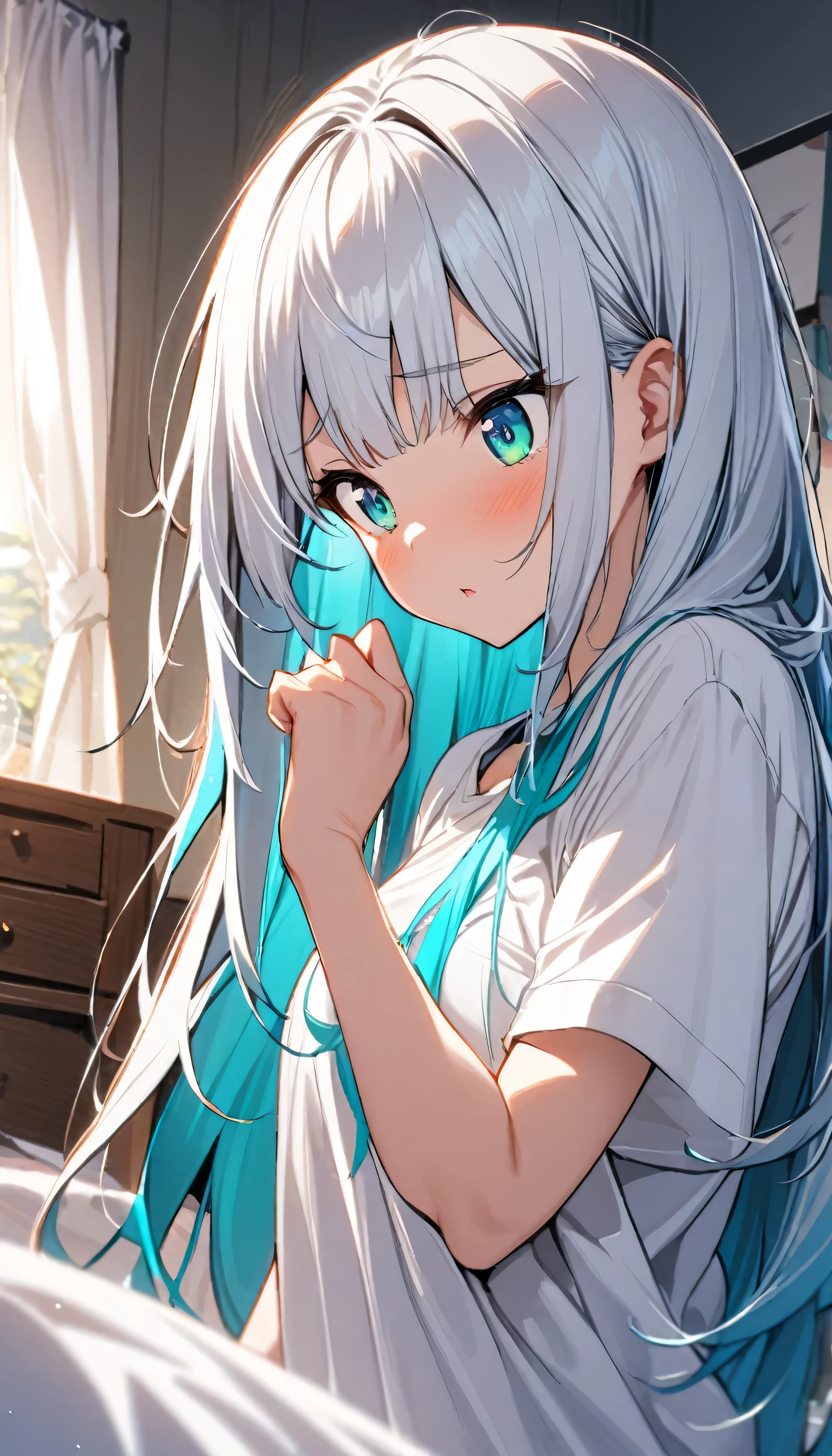 1girl、white hair、long hair、bangs、bright aqua eyes、white T shirt oversized、bust-up、bedroom