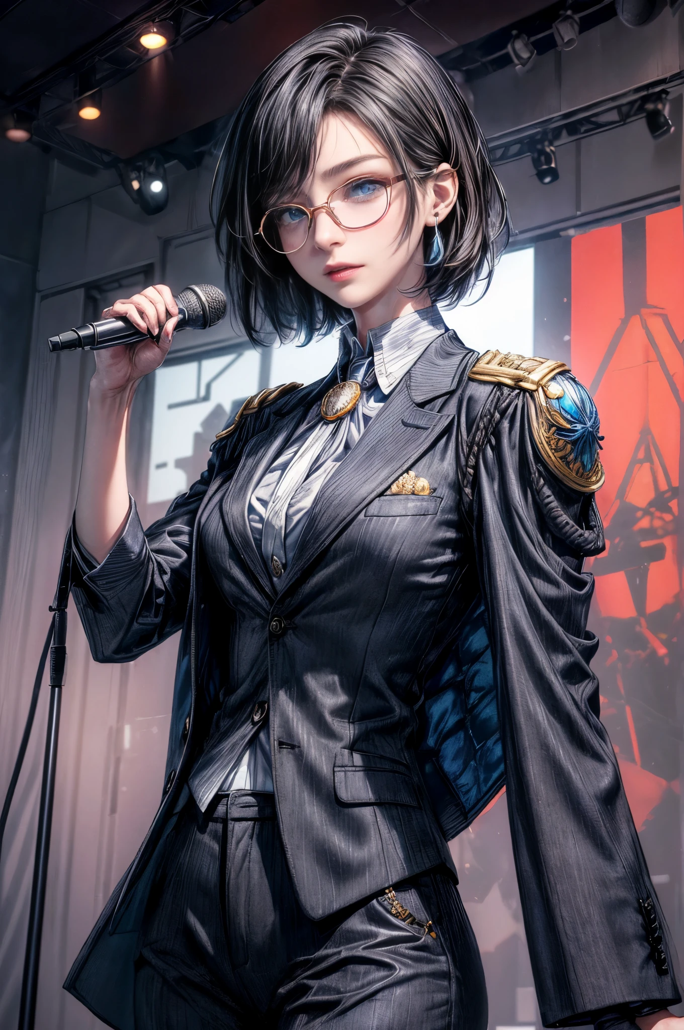 cinematic lighting、highest quality,Bright cyberpunk world、1 female、(25 year old beautiful woman、detailed beautiful facial 、short hair、shoulder length hair、blue eyes:1.4)(Glasses:1.3)(smile)break,medium hair、(Black hair color:1.6)
break
(Perfect dark grey jacket blazer、Dark gray trousers:1.3), (white collar shirt👔:1.3)、(1 medal badge)break.(black hair color:1.5)
(stylish, modern architectural style、bright ceremony atmosphere、Multipurpose hall、A spacious room with large windows々としたstylishなモダンな会場、daytime:1.2)(Speaking on stage with a microphone in hand、very detailed and accurate hands:1.3)break(portrait angle、looking away:1.5)
