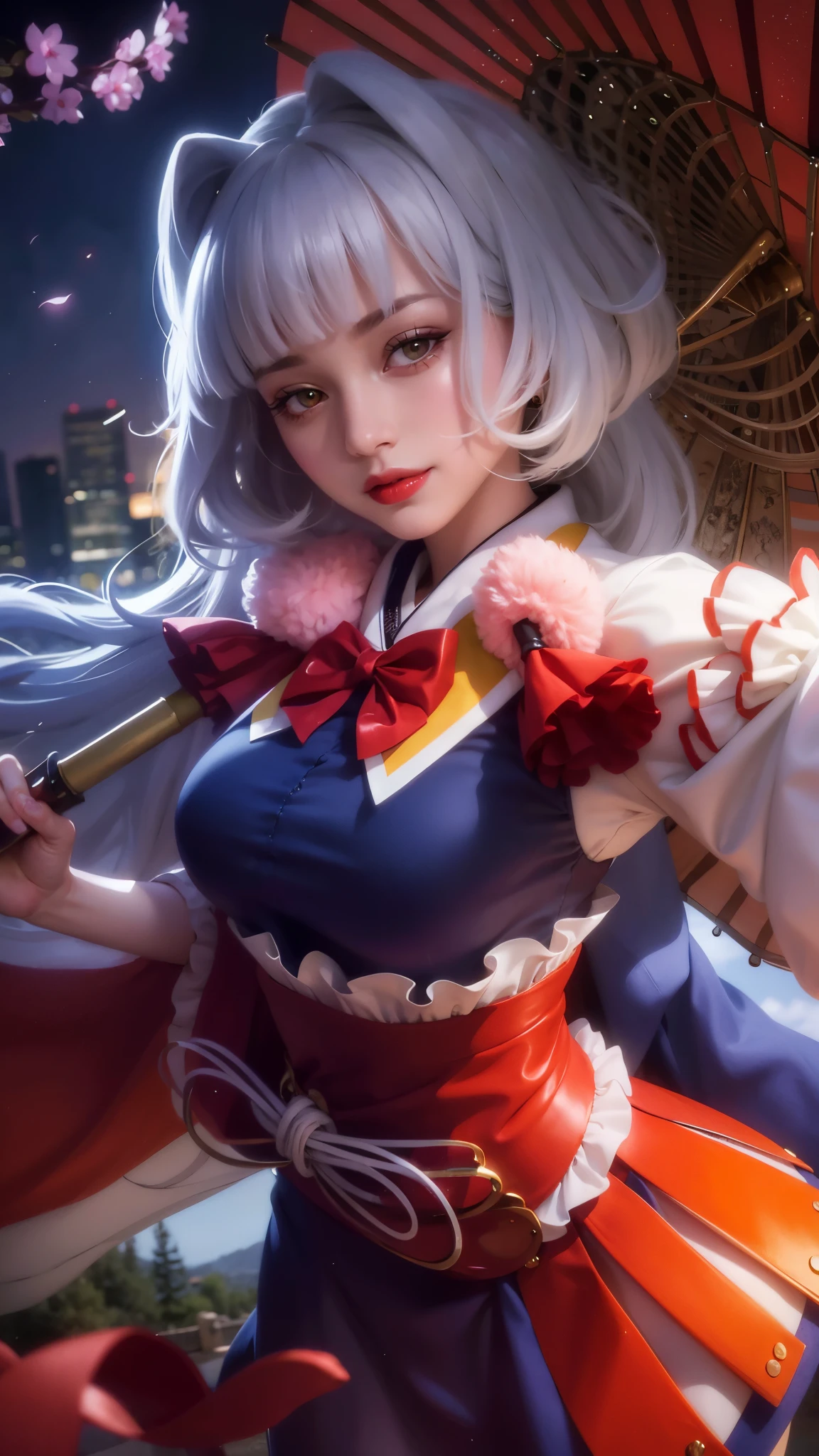 girl with white hair holding a umbrella, red lips glossy, 8k, ultra hd, ultra detailed texture, hyper realistic, masterpiece, detailed texture, detailed face, detailed skin, detailed lighting, (photorealistic:1.5), best quality, beautiful lighting, cinematic lighting, professional lighting, ultra highres, realistic, detailed hair, real hair, high quality, (realskin:1.5), extremely detailed, finely detail, ultra-detailed, smile, yellow eyes