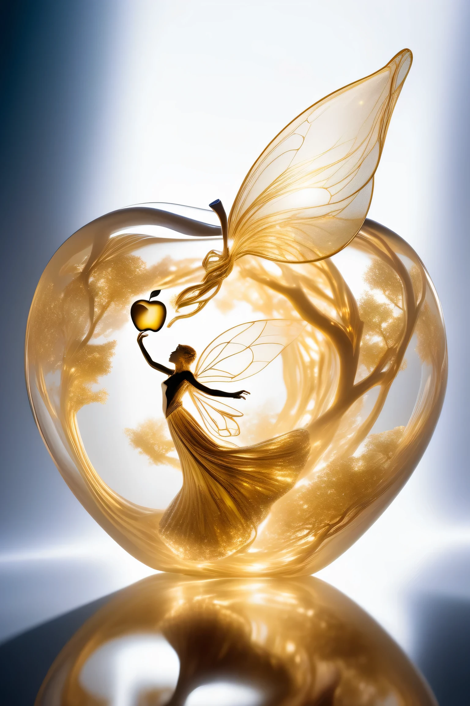 photograph, photorealistic, ultra-realistic, intricately detailed, wide angle, fine fractal glossy vivid colored shiny contours outlines of a glass apple with a ("a glowing golden flying female fairy uses her wand to transform a tree to solid gold.") inside, surreal, gradient, windy, petals floating on the wind, swirling ribbons of ink and light. linquivera, liiv1