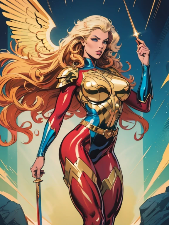 Best quality, 8K, action pose,woman vintage super hero, beautiful and detailed face, blonde curly long hair,big eyelashes,holding a gold sword,big angel wings,LOOKING TO observer,red and blue metalic armour over bodystocking, SHINY GLOSSY PANTYHOSE,black belt,over the knee boots,white neutral scenario