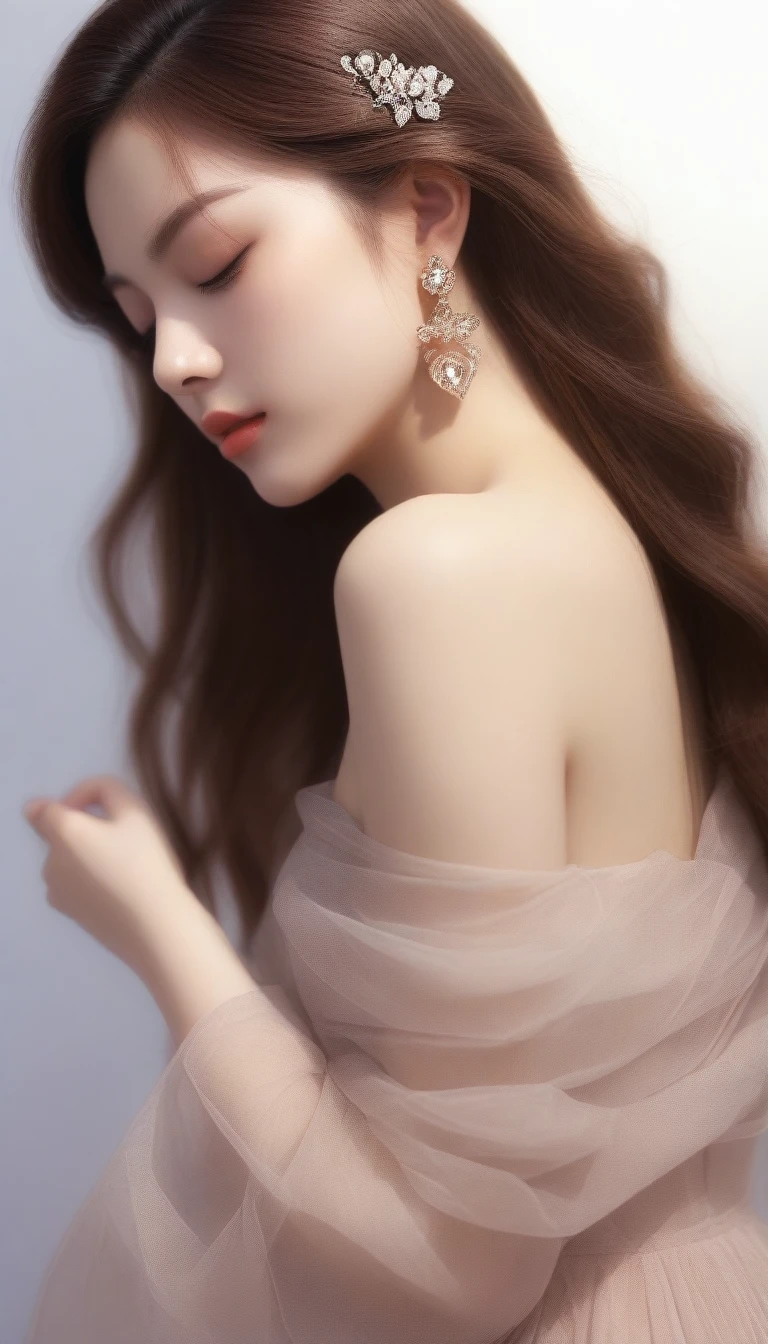 1girl, solo, long_hair, brown_hair, hair_ornament, dress, jewelry, closed_mouth, closed_eyes, upper_body, earrings, hair_bun, back, facial_mark, backlighting, forehead_mark, realistic