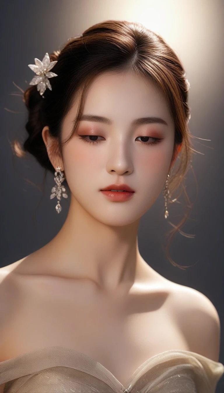 1girl, solo, long_hair, brown_hair, hair_ornament, dress, jewelry, closed_mouth, closed_eyes, upper_body, earrings, hair_bun, back, facial_mark, backlighting, forehead_mark, realistic