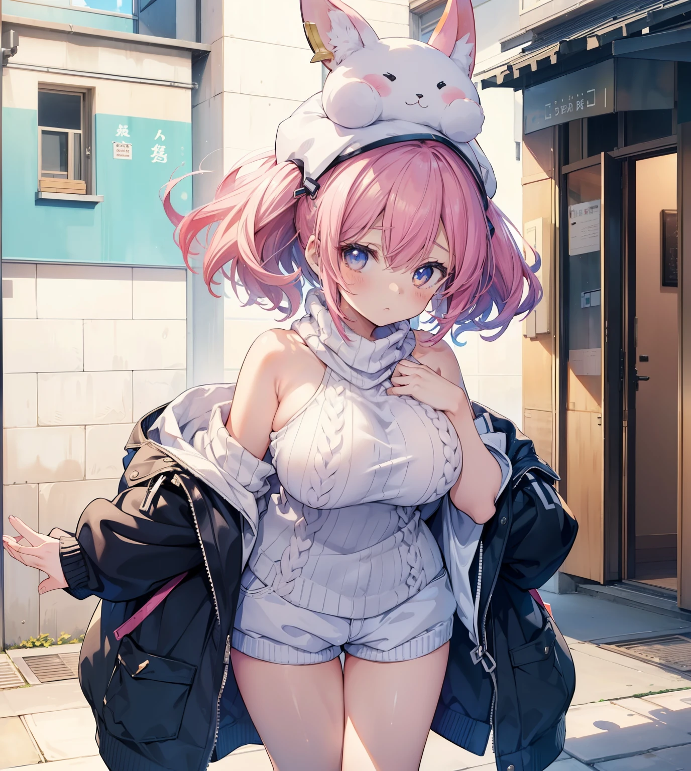 1 girl,(, short stature),animesque、Young and cute idol face、(Lorioppai)(Clothed big breasts , breasts,Mi Hot Pants)Double piece with hands raised (WatercolorPrivate Services, Shoulder Knitwear,Shoulders exposed、Back exposure) Huge breasts,