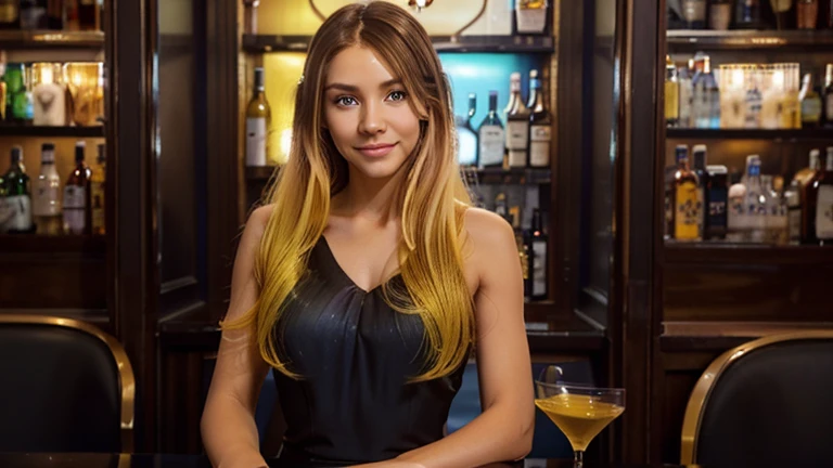BLONDE WOMAN STANDING IN A BAR WHILE THERE IS A WOMEN'S FOOTBALL MATCH ON TV
