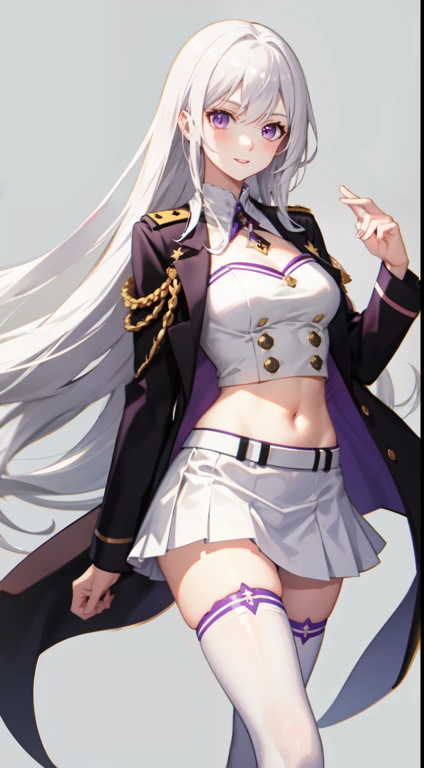 slim legs, cleavage, short skirt, navel, purple eyes, thigh high socks, stand, White hair, long hair, short skirt, happy, military uniform, field