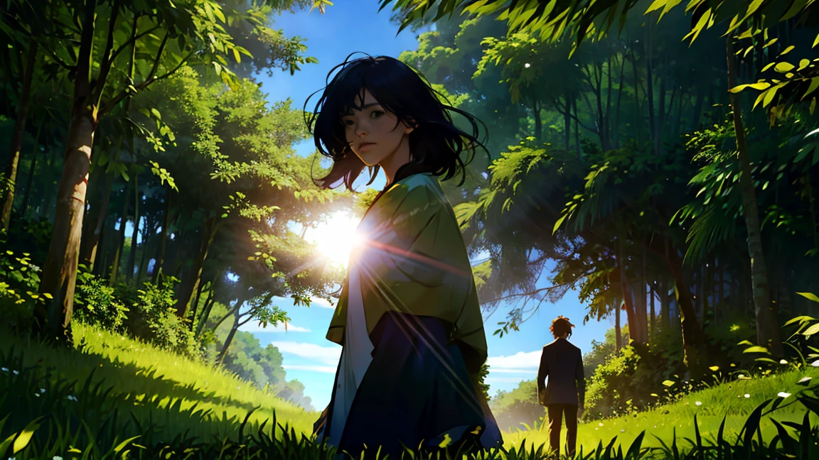 Masterpiece, A grownup couple, standing under a tree, sunlight,warm, cinematic, dynamic camera angle, man and woman wearing clothes made of big leaves, clothes made of green leaves, detailed, high quality, 8k