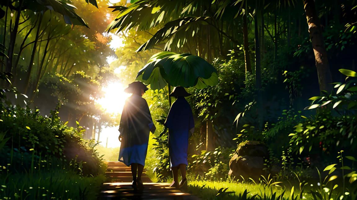 Masterpiece, A grownup couple, standing under a tree, sunlight,warm, cinematic, dynamic camera angle, man and woman wearing clothes made of big leaves, clothes made of green leaves, detailed, high quality, 8k