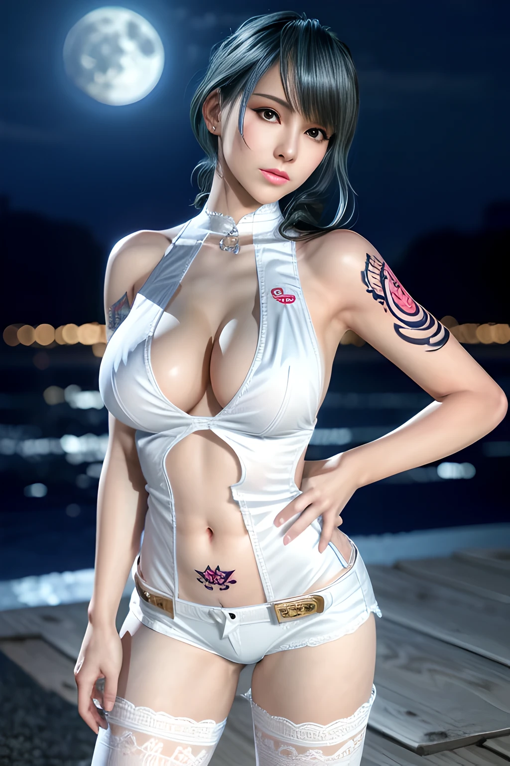 1 girl,standing posture,halter neck, bare shoulders, pantyhose, bodysuit,( see-through:1.2),white bodystocking, nighttime,moon,( huge breasts:1.1),cleavage,shiny skin,lip gloss,( tattoos:1.2), masterpiece, best quality, realistic ,Rich artistic colors, 8K,Portrait art,solo, tamaki