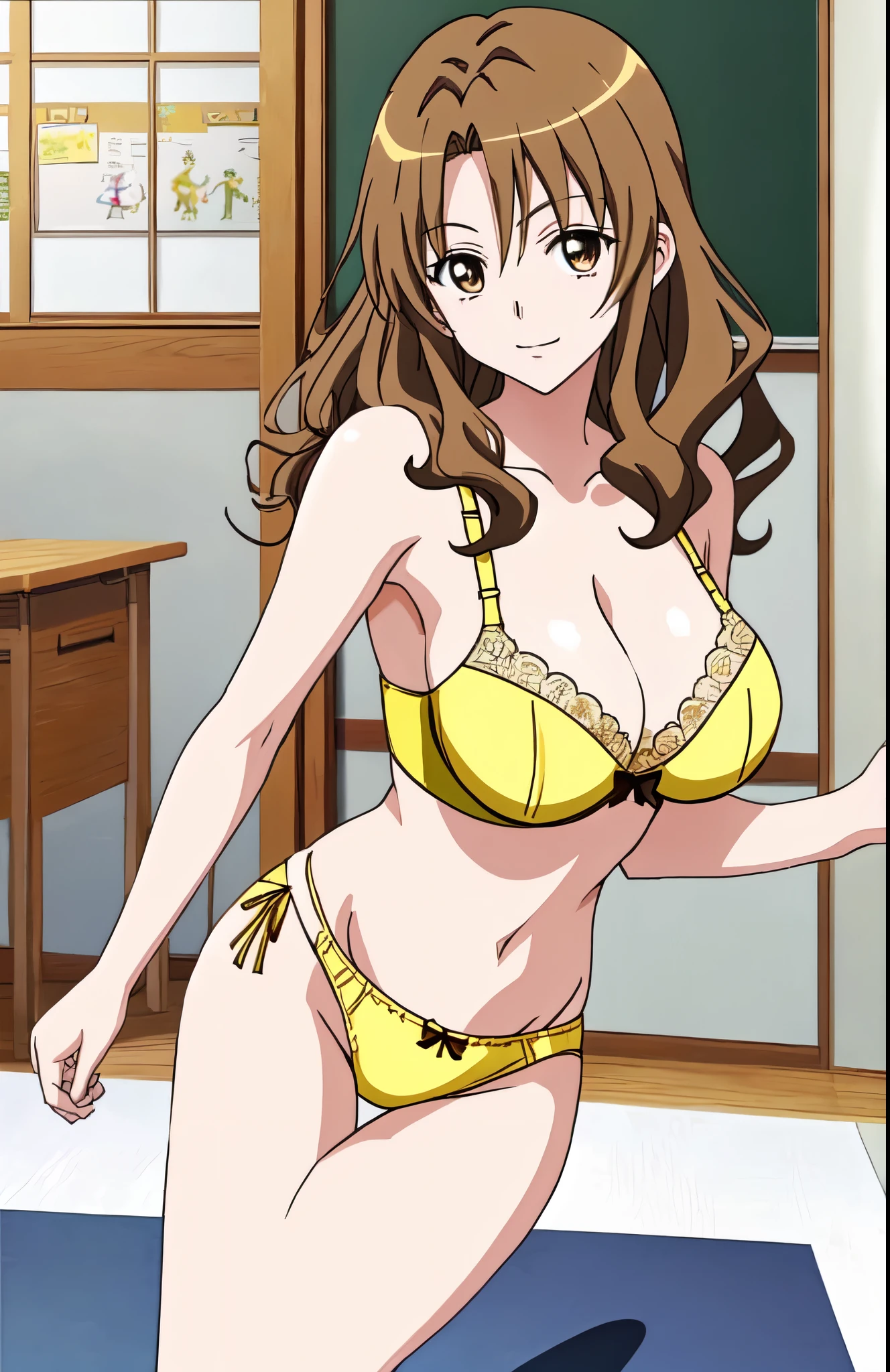 anime girl in a yellow bra with a yellow bow and yellow panty、Woman with short brown hair、brown eyed woman、wavy hair、seductive anime woman、clothing:yellow bra、yellow panties、tall woman、sexy atmosphere、anime moe art style、big breasts、woman with very large breasts、(anime girl)、attractive anime girl、naughty anime style、Beautiful charming anime teen、Smooth anime CG art、school classroom、indoor、cleavage、bra with an yellow、panty with an yellow、whole body、a girl is standing、digital anime art!!、female focus、perfect body、pretty anime girl、full body、anime best girl、solo、underwear only、Bra and panties only、8k!!、High resolution!!、