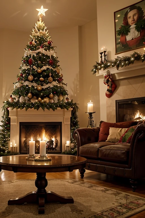 Beautiful living room interior in Christmas style.  a fireplace, table, candles, Christmas tree