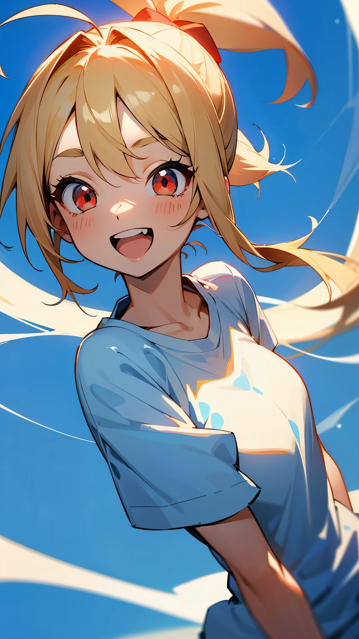 1 girl, blonde ponytail、Ahoge、big round red eyes、Sky blue solid color background, pure blue background, Dark blue background, white t-shirt, laugh happily, bust shot