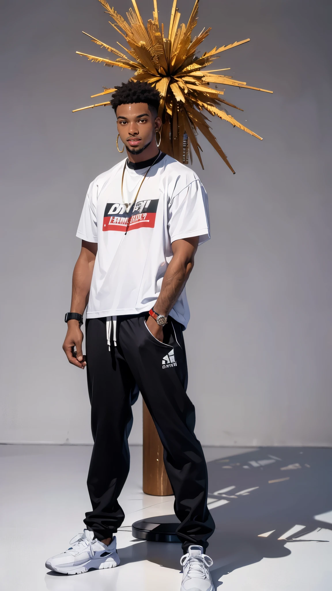 ((best quality,4k,highres,masterpiece:1.2)),((character concept art)), 1 male, 19-year-old African-American exchange student from U.S., college league player, American Football, Running Back position, athlete, athletic body, tall, broad shoulders, broad chest, very strong arms and legs, very muscular, dreadlock hairstyle, Andrew Tete's traits and personality - pragmatic, driven, intelligent, compassionate, reliable, womanizer, party goer, arrogant, extrovert, famous for big cock, wearing. black t-shirt, Richard Mille wristwatch, luxury brand sneaker, diamond stud earring, stylish sneakers, confident smirk, intense gaze, (standing confidently), (full body showcase), (show full body), (no logos on background), (no logo), ((plain background)), ((plain background)), (((empty background)))