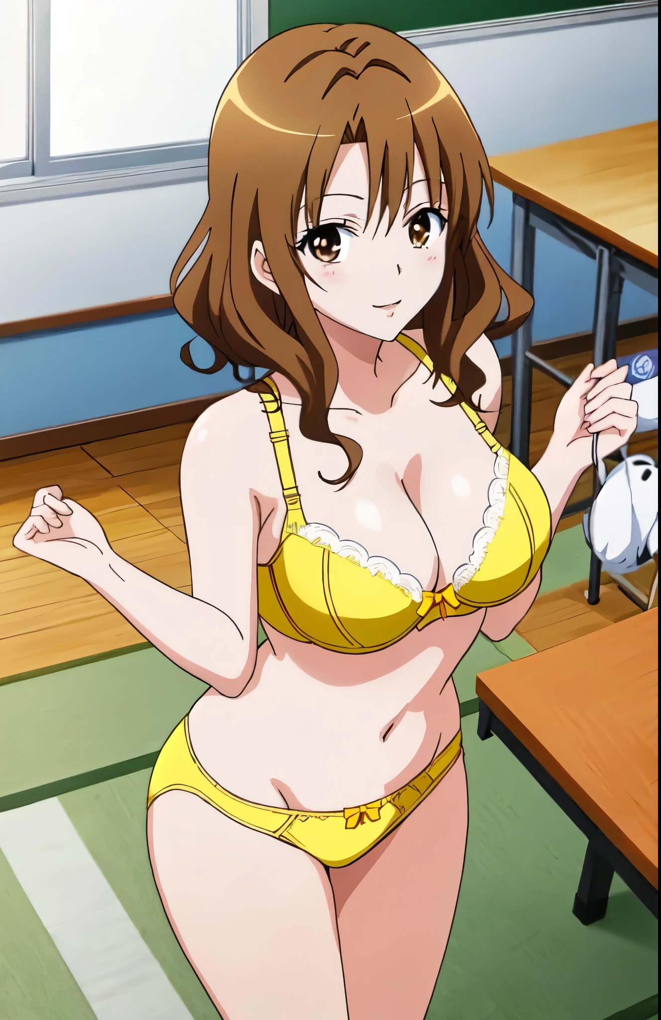 anime girl in a yellow bra with a yellow bow and yellow panty、Woman with short brown hair、brown eyed woman、wavy hair、seductive anime woman、clothing:yellow bra、yellow panties、tall woman、sexy atmosphere、anime moe art style、big breasts、woman with very large breasts、(anime girl)、attractive anime girl、naughty anime style、Beautiful charming anime teen、Smooth anime CG art、school classroom、indoor、cleavage、bra with an yellow、panty with an yellow、whole body、a girl is standing、digital anime art!!、female focus、perfect body、pretty anime girl、full body、anime best girl、solo、underwear only、Bra and panties only、8k!!、High resolution!!、