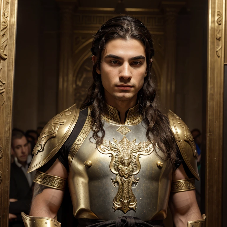 A young man, his face was as beautiful as an ancient Greek statue, dark eyebrows, big bright eyes, mysterious-looking, a high, ridged nose, thin lips, long hair tied back. He has wavy strands of hair falling over his face. He wears ancient armor with a dragon pattern carved in gold all over his body. He holds a bow and a sword at his waist. 