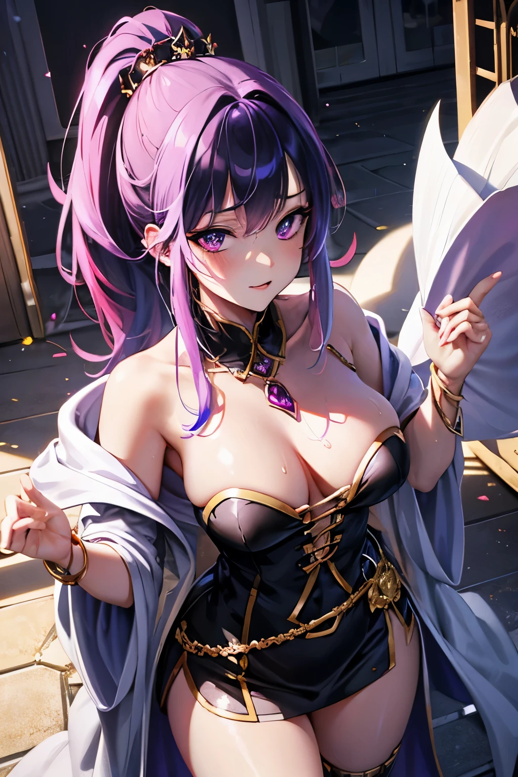 Vampire Queen Small Breast Combat Dress ( Radiant Royal Cloak: 1.1) Black and Purple Color Sexy Devil Aura Original Character Masterpiece Tempting Purple Eyes (Multicolor High Ponytail 1:1.2) Purple Gemstone Accessories Gold Belt, Gold Necklace, Wind Evil Effect, Soft Moonlight , extremely delicate beautiful eyes, unique crown, (Corruption Tattoo 1;1.25), naughty face, 16k, gorgeous, bare shoulders, cute, petite, solo , stars, stardust, (iridescent hair, colorful hair, half purple and half pink hair: 1.2), (left eye purple and right eye golden), wet body detailed, creative, charming, killing scenario, floating effect, magical, mythic, seducing, attractive, idol, tital raven look like