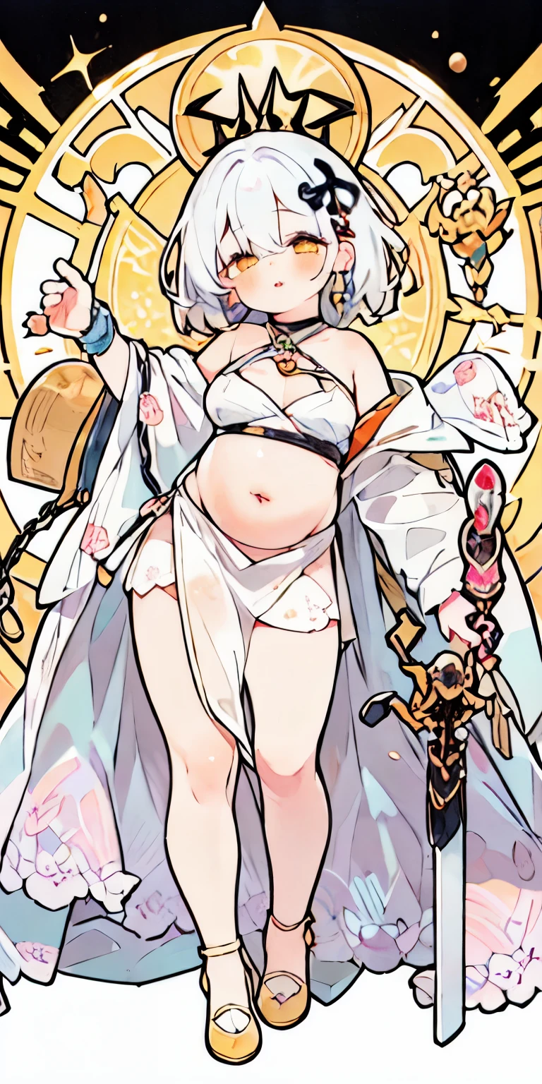 (((Mr.々hair color))), Mr.々hairstyle, see-through clothes, tall, absurdres, highres, ultra detailed, beautiful, masterpiece, best quality, (1girl:1.8), Medieval, adult, ((tarot)), bard, dancer, bare bare shoulders, cane, sword, shield, crystal, gun, Gather Dresses, coat four, ((hair chain, earrings, sunscreen, pumps, heel shoes, waist jewelry, belly chain, body accessories)), symbolism, Visual art, occult, universal, vision casting, philosophy, iconography, numerology, Popularity, art, Alphonse Mucha, perfect hands, perfect feet, (fullbody), myth, goddess, fold your hands in front of your chest, ((ultra-detailed face), (cute eyes), ((thicc)), Hair color gradient, accurate focus, (upturned eyes :1.5), long hair, yellow eyes, Beautiful Girls in Anime , ((purse your lips, Throw kiss, flirty smile)), (shiny body:1.8)、big breasts、full of embarrassment、(Ahegao:1.5)