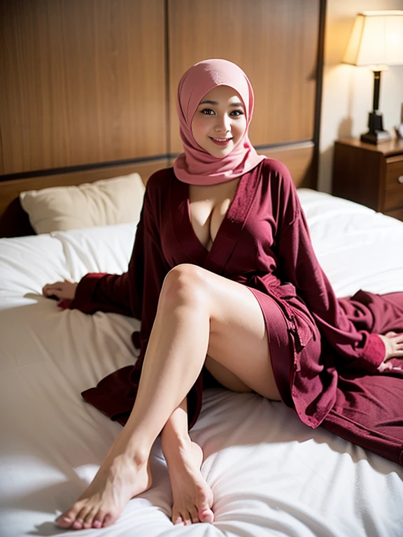 ((ung and beautiful girl: 1.2)), (8k, RAW photo, top quality, masterpiece: 1.2), high-definition RAW color photo, professional photo, cinematic light, (fine face: 1.2), (masterpiece: 1.5), (best quality: 1.2), (smile: 1.2), (viewer: 1.2), (cleavage: 1.2), smile, slender and beautiful Japan girl, beautiful big breasts, ( wearing a bathrobe: 1.6), (bathrobe with open front), camel toes, no underwear, (lying on bed with legs wide spread: 1.6), camel toe details, cuteness, sexiness, (wearing hijab:1.6)