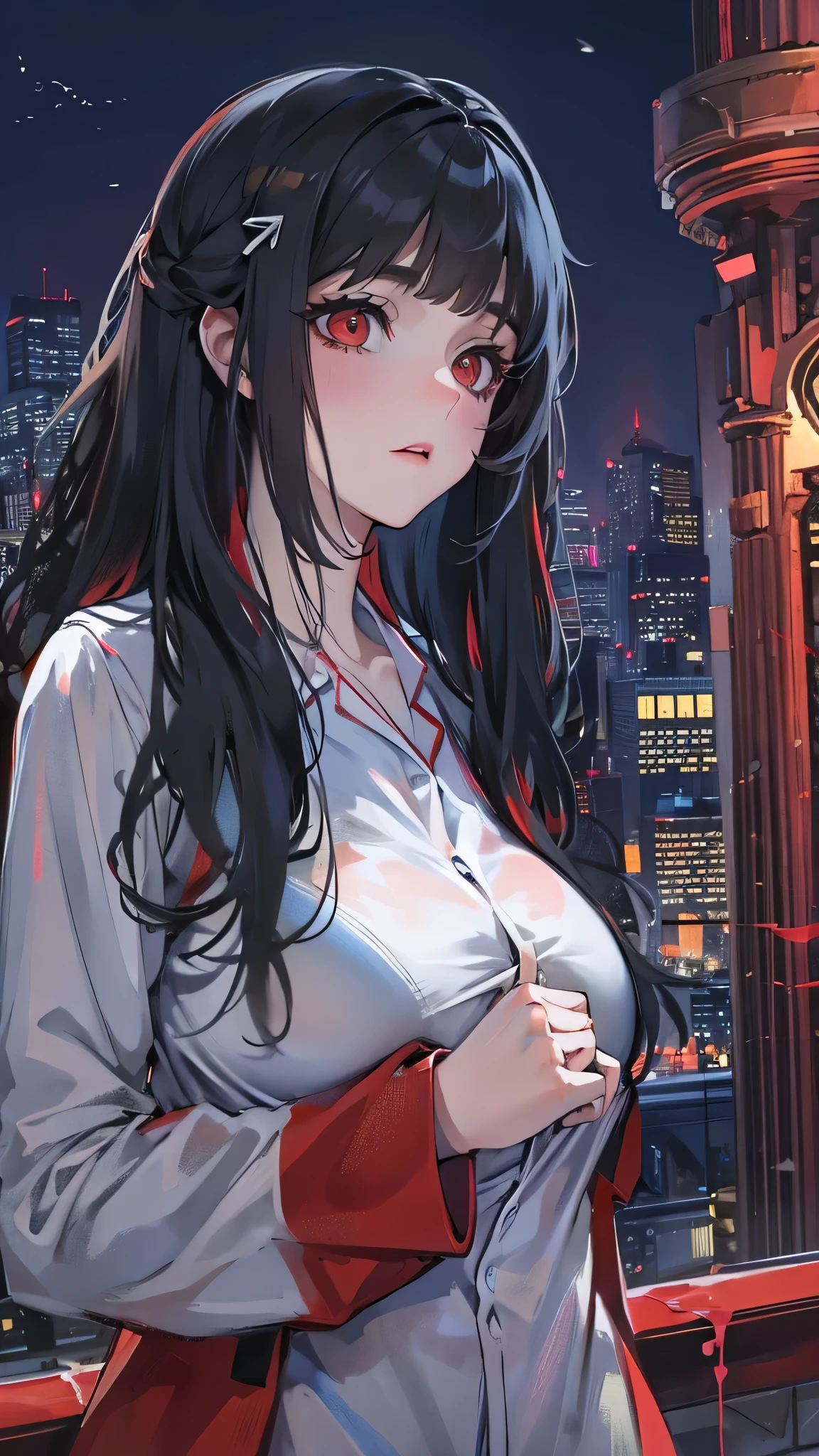 perfect ???????, masterpiece:1.4, best quality, 8k, beautiful detailed grow, daydreaming expression, (Looks lonely style) (in a cute pajamas) (solo straight black hair long hair femdom cute girl, bigboobs, 18 yo, sad detailed red eyes, mortifying face), break, in the night, in the Tower rooftop.
