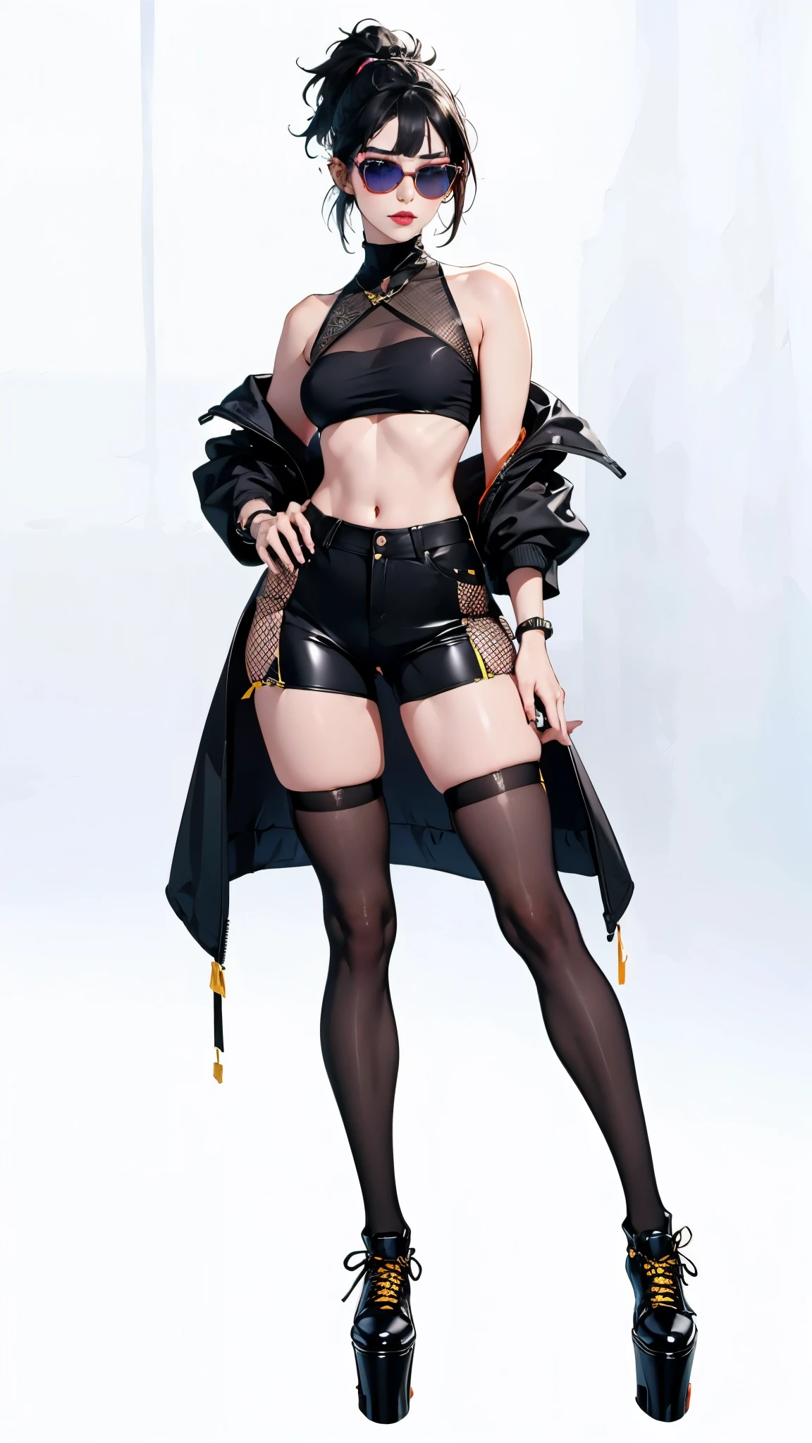 ((best quality,4k,highres,masterpiece:1.2)),((character concept art)), 1 female, 18-year-old Chinese girl, , ((black hair)), big fake , small slim body, perfect shape, heavy makeup, party-lover, luxury goods enthusiast, ((intricate detail)), super finely detailed hands, ultra finely detailed fingers(((ten fingers))), wearing EDM rave costume - neon crop top, high-waist shorts, fishnet tights, platform sneakers, LED gloves, candy bracelets, fuzzy leg warmers, light-up headband, reflective sunglasses, body glitter, (standing casually), (full body showcase), (show full body), (no logos on background), (no logo), ((plain background)), ((plain background)), (((empty background)))