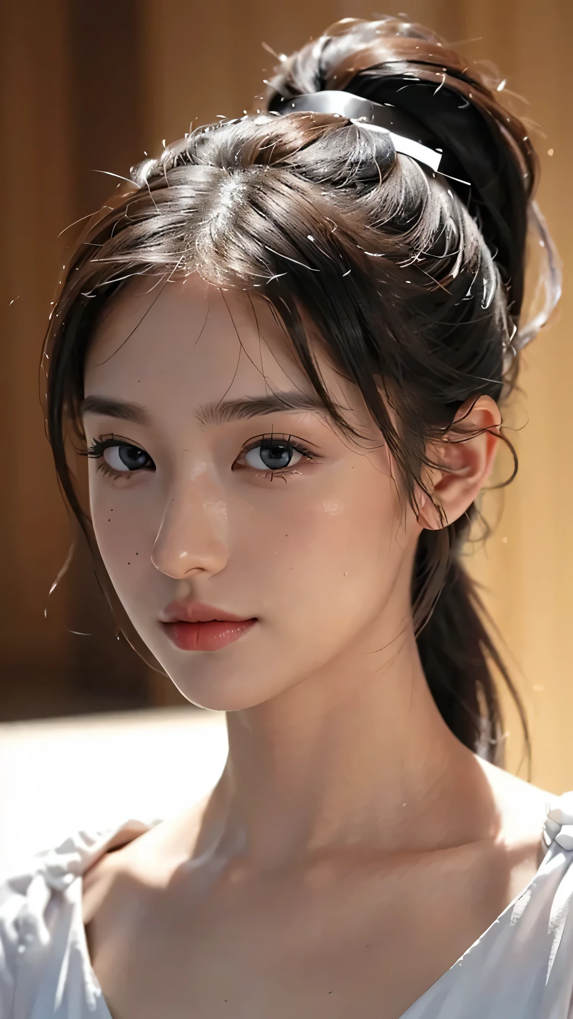 One woman,fully body photo,masutepiece, The highest image quality, High quality, the background is clear,Beautiful woman, Japanese, Detailed, Detailed eyes, Detailed skin, Beautiful skin, 超hight resolution, (reality: 1.4),Very beautiful woman, Slightly younger face, Beautiful skin, slender, (Ultra photo realsisim), (hight resolution), (8K), (Very detailed) (beautifully detailed eyes), (super detailed), (Detailed face), view the viewer, Fine details, Detailed face, Staring straight ahead, Staring straight ahead, photos realistic, Bright lighting, Professional Lighting, Black hair,poneyTail,a baby face,sixteen years old,Hairstyle is ponytail,long ponytail hairstyle,slight smile,Orange colored long dress with lots of ruffles, softly shaped skirt,Spotlight on stage,close-up of face,