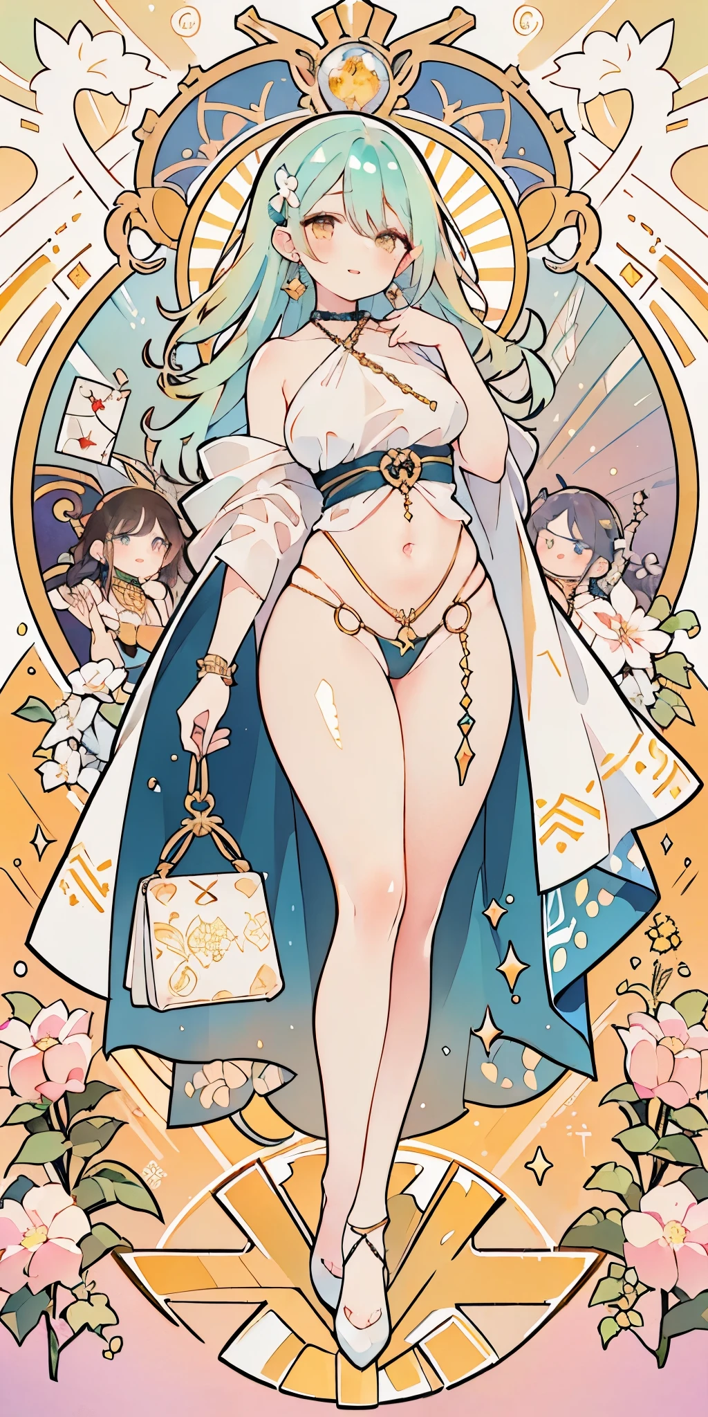 (((Mr.々hair color))), Mr.々hairstyle, see-through clothes, absurdres, highres, ultra detailed, beautiful, masterpiece, best quality, (1girl:1.8), Medieval, adult, ((tarot)), bard, dancer, bare bare shoulders, cane, sword, shield, crystal, gun, Gather Dresses, coat four, ((hair chain, earrings, sunscreen, pumps, heel shoes, waist jewelry, belly chain, body accessories)), symbolism, Visual art, occult, universal, vision casting, philosophy, iconography, numerology, Popularity, art, Alphonse Mucha, perfect hands, perfect feet, (fullbody), myth, goddess, fold your hands in front of your chest, ((ultra-detailed face), (cute eyes), ((thicc)), Hair color gradient, accurate focus, (upturned eyes :1.5), long hair, yellow eyes, Beautiful Girls in Anime , ((purse your lips, Throw kiss, flirty smile)), (shiny body:1.8)、big breasts、full of embarrassment、(Ahegao:1.5)