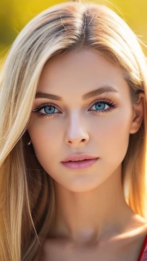 Beautiful white girl with nude lips looks to the camera. Stunning blonde girl. Young beautiful woman with a healthy clean skin. Pretty woman with bright makeup of eyes. Symmetric face, symmetric eyes and deep green eyes.