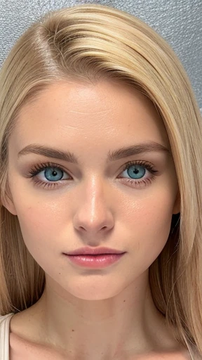Beautiful white girl with nude lips looks to the camera. Stunning blonde girl. Young beautiful woman with a healthy clean skin. Pretty woman with bright makeup of eyes. Symmetric face, symmetric eyes and deep green eyes.