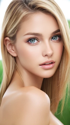 Beautiful white girl with nude lips looks to the camera. Stunning blonde girl. Young beautiful woman with a healthy clean skin. Pretty woman with bright makeup of eyes. Symmetric face, symmetric eyes and deep green eyes.