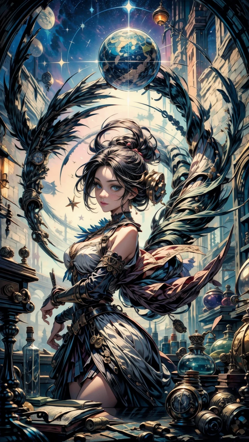 A Multicolored Cyberpunk Masterpiece, best quality, full body portrait, (Full Body View From An Angle), Dynamic Camera Angle, 1 caucasian beautiful lady, alchemist casting a spell, a very noble lady, ringed silver eyes, Calm, half closed eyes, thin body, slim waist, small breasts, (bare legs), Awesome Black Hair, a confident smile, Celestial Star Map, (experiment desk crowded by many alchemy instruments, medicines, reagents, specimen, bottles, scrolls), piles of expensive books, (antique terrestrial globe), (floating celestial globe), old compass, old clock, antiques, quill pen, a pair of scales, highly detailed expensive wizard's skirt, beautiful skirt with frills, dramatic, backlighting, night, midnight, (Multitude Of Stars), beautiful fantastic night view, (ultra-detailed, finely detailed beautiful eyes and face), high resolution, 8k UHD, perfect anatomy, perfect fingers, Highly detailed scenery, Highly detailed background, perspective, depth of field, atmospheric