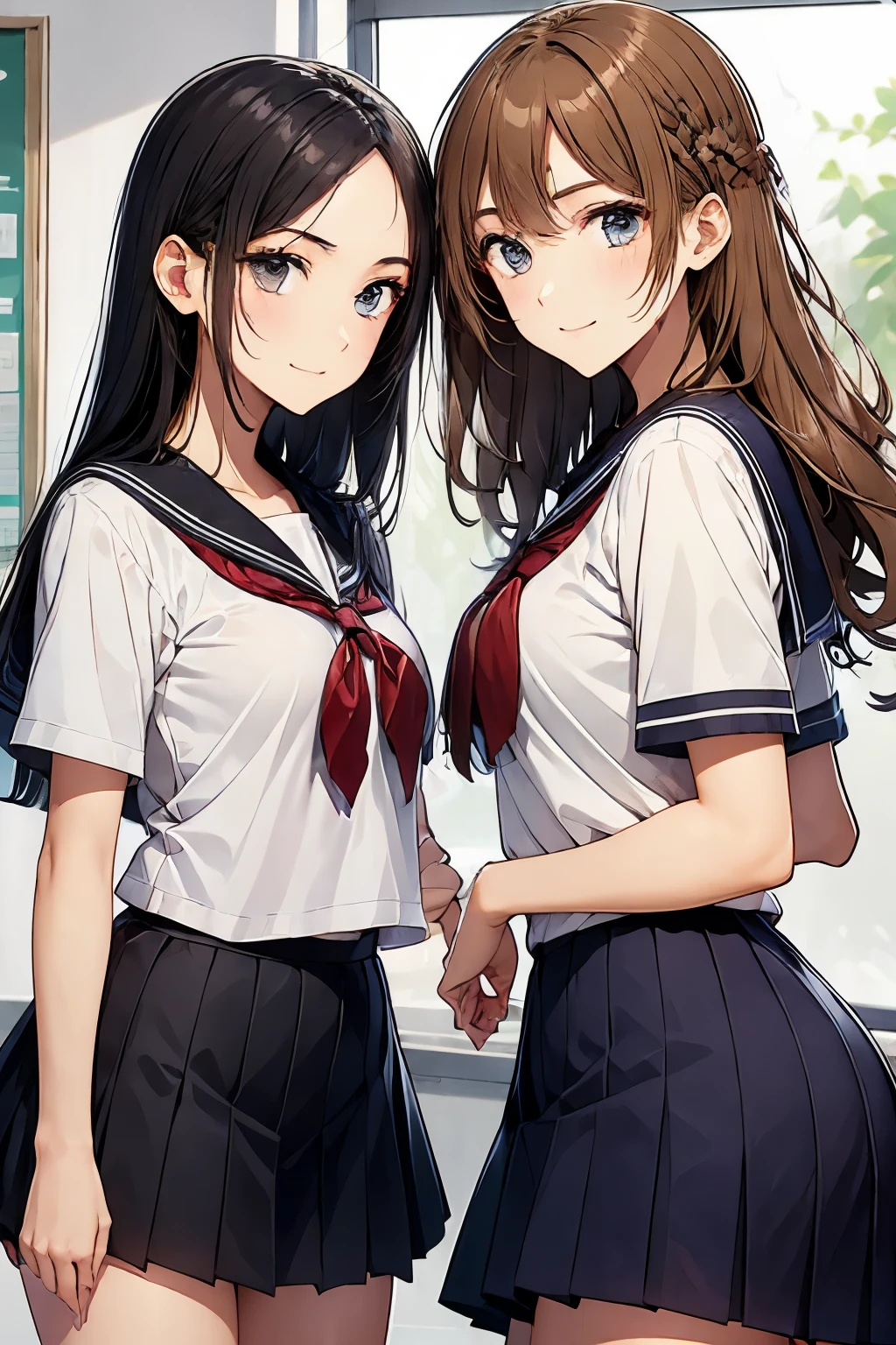 Two high school girls playing with each other、seductive smile、classroom