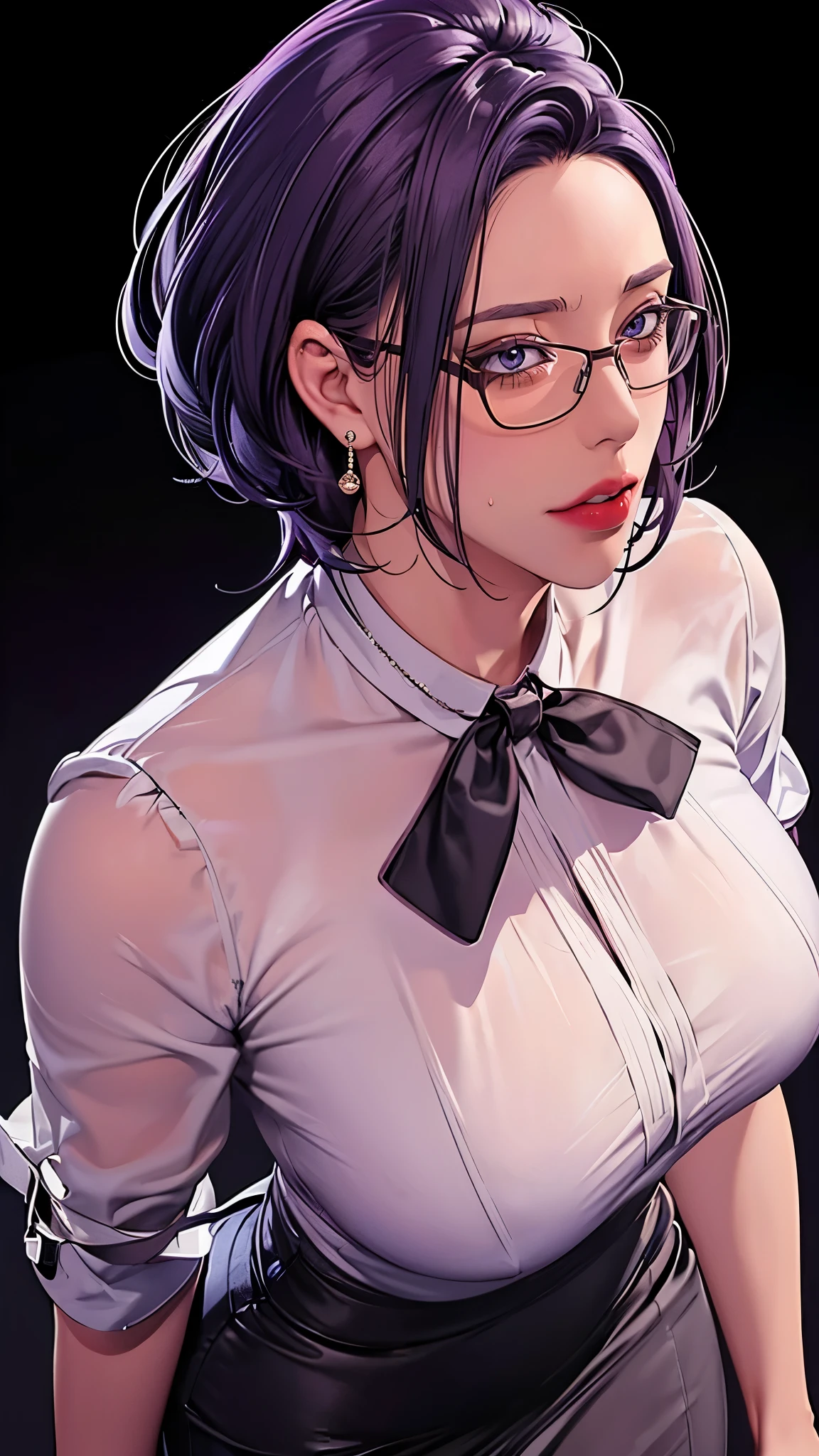 （（（完美figure，figure，suit， gray shirt，hip-covering skirt（（（JMT,Glasses,purple hair,short hair,purple eyes,MiJungdef，purple eyes，purple hair，medium hair，）））型figure:1.7））），((masterpiece)),high resolution, ((Best quality at best))，masterpiece，quality，Best quality，（（（ Exquisite facial features，looking at the audience,There is light in the eyes，Happy，lol））），（（（Interlacing of light and shadow，huge boobs））），（（（looking into camera，black background)）））