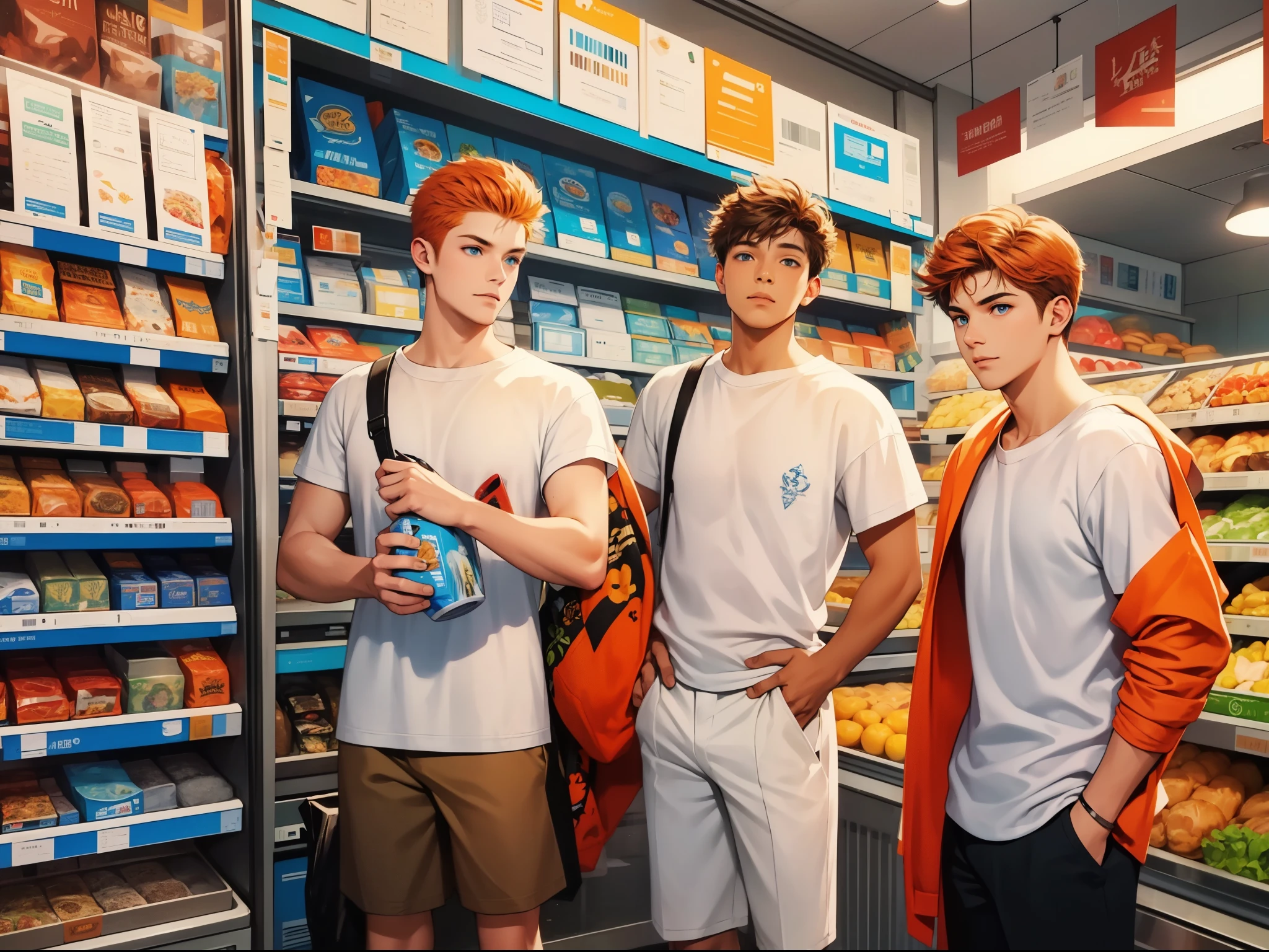 2 handsome young men of 16 years old with orange hair blue eyes ，Buy auto supplies in casual wear at supply supermarket ，enfoque superficial，Extreme rendering of facial details