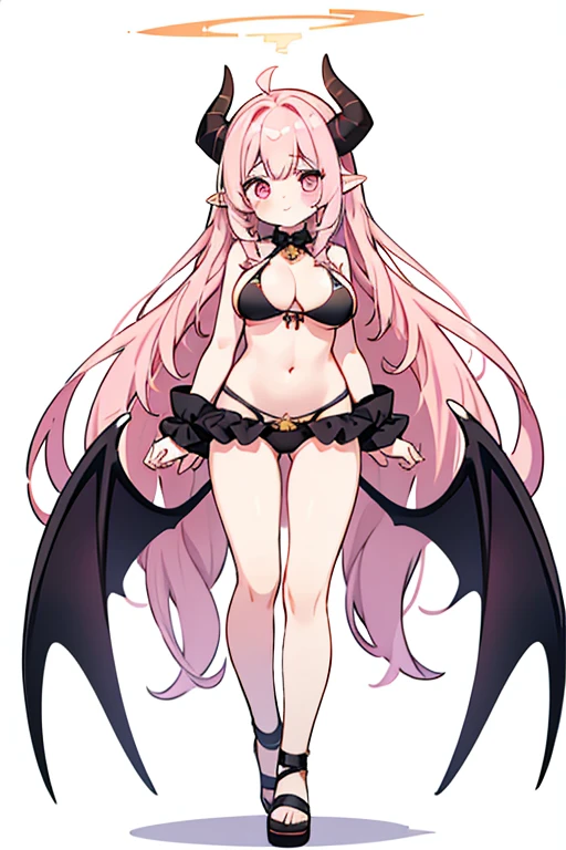 highest quality, white background, 1 girl, pink eyes, cute face, Standing picture, The whole body is facing left, standing upright, Light golden long hair, Black horns grow from the head, (BREAK Black Bikini), Devil wings grow from the back, ears are pointed, (((big breasts)))