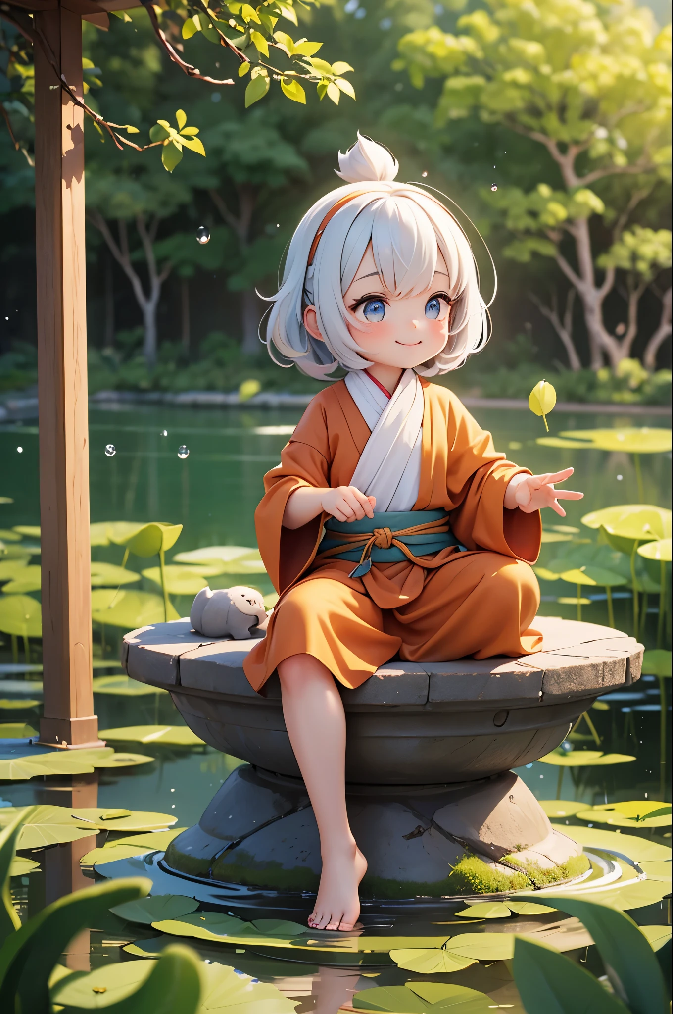 Cute little monk smiling while listening to lectures by the lotus pond, There are lotus raindrops