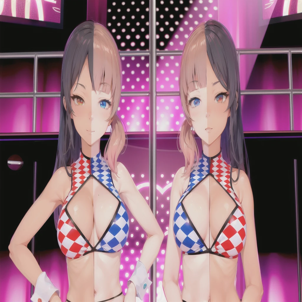 anime girl in a bikini with a knife in front of a mirror, live2d virtual youtuber model, ecchi anime style, hololive, anime styled 3d, ecchi style, various pose, ecchi, my dress up darling anime, smooth anime cg art, 3d anime girl, two beautiful anime girls, vivid color.digital 2d, symmetric!!