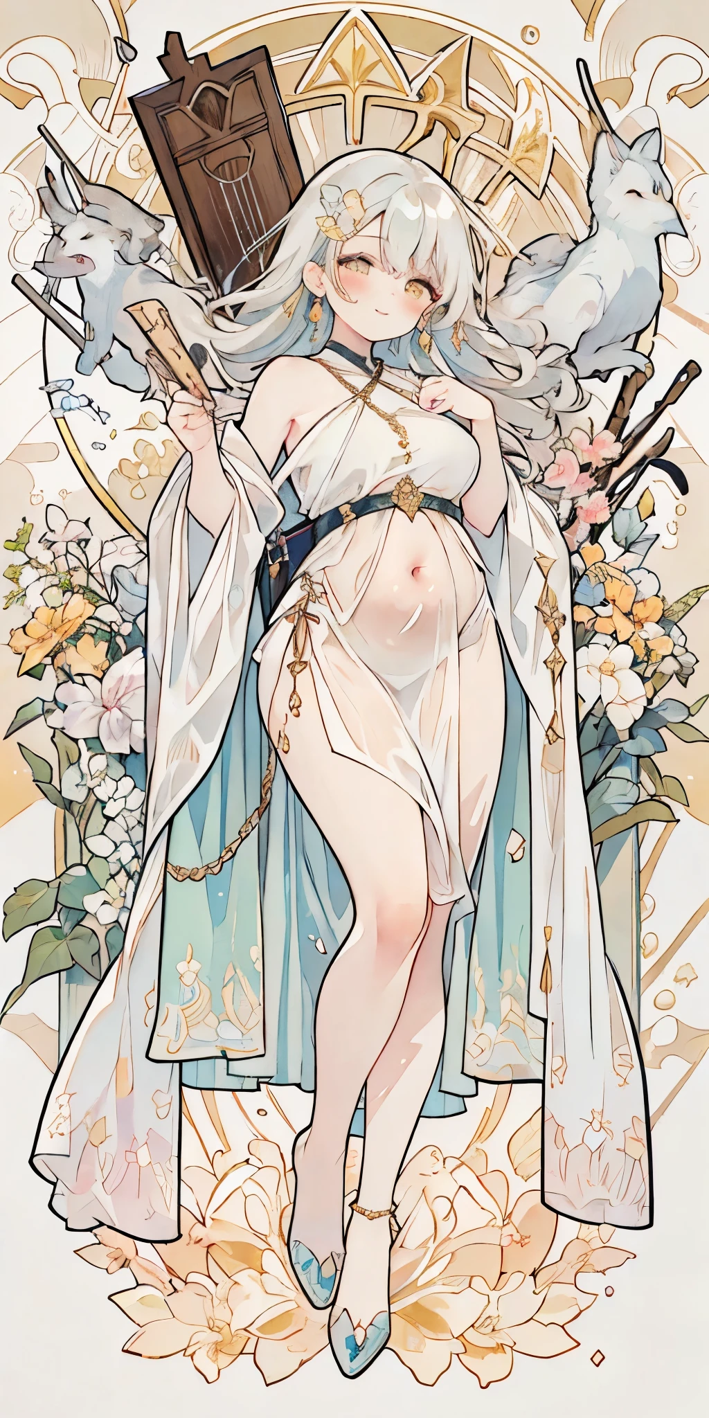 (((Mr.々hair color))), Mr.々hairstyle, see-through clothes, absurdres, highres, ultra detailed, beautiful, masterpiece, best quality, (1girl:1.8), Medieval, adult, ((tarot)), bard, dancer, bare bare shoulders, cane, sword, shield, crystal, gun, Gather Dresses, coat four, ((hair chain, earrings, sunscreen, pumps, heel shoes, waist jewelry, belly chain, body accessories)), symbolism, Visual art, occult, universal, vision casting, philosophy, iconography, numerology, Popularity, art, Alphonse Mucha, perfect hands, perfect feet, (fullbody), myth, goddess, fold your hands in front of your chest, ((ultra-detailed face), (cute eyes), ((thicc)), Hair color gradient, accurate focus, (upturned eyes :1.5), long hair, yellow eyes, Beautiful Girls in Anime , ((purse your lips, Throw kiss, flirty smile)), (shiny body:1.8)、big breasts、full of embarrassment、(Ahegao:1.5)