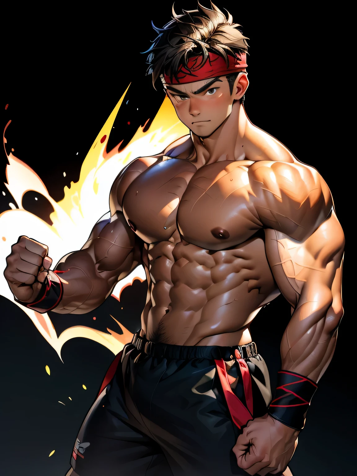 (Masterpiece, Best quality 19 year old boy, simple background, cowboy shot), solo, Young, boy, muscler, Shirtless, topless, (Dark Short straight hair, under cut, brown eyes), (red headband, ((black wristband))), Vivid colors, (hot Abs:1.2, abs!, big abs, big breast:1.2, chest!, muscler upper arms, mighty fist), (topless male), closed mouth, serious, muscler!, muscler body, Man with martial arts stance, (aura power:1.4), detailed face, detailed muscle, (((random fighting pose)))